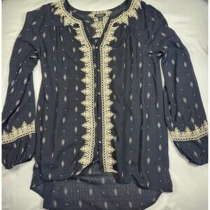 Lucky Brand Boho Peasant Cottagecore Black Long Sleeve Embroidered Blouse Medium